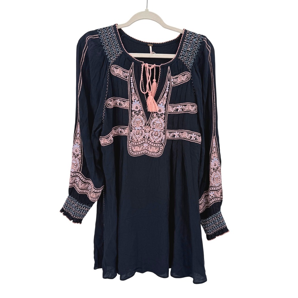 Free People Wind Willow Navy Blue Embroidered Tassel Peasant Tunic Top Small - Picture 1 of 6